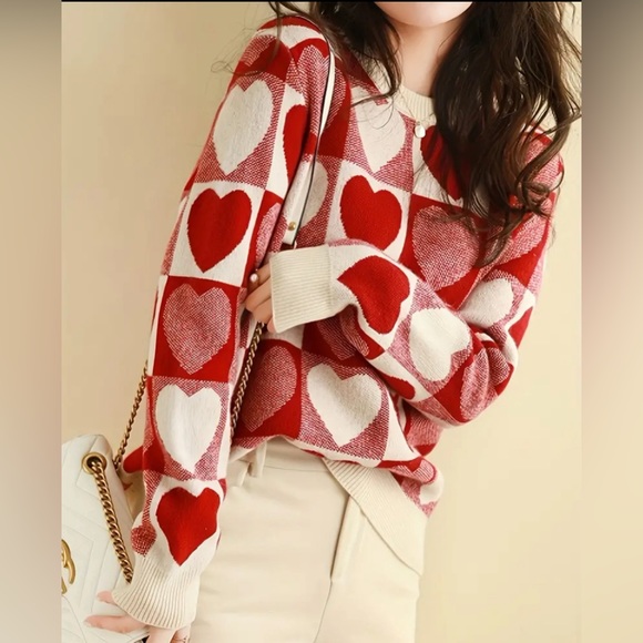 New Heart Pattern Knitted Pullover Sweater, Cotton Wool blend XL - Picture 2 of 12